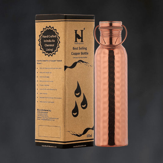 HealthGoodsAU - Pure Copper (99.74%) Hammered Water Bottle with Carrying Handle | Leakproof Seamless Water Bottle for Ayurvedic Benefits 600 Ml (20.28 Fluid Ounce)
