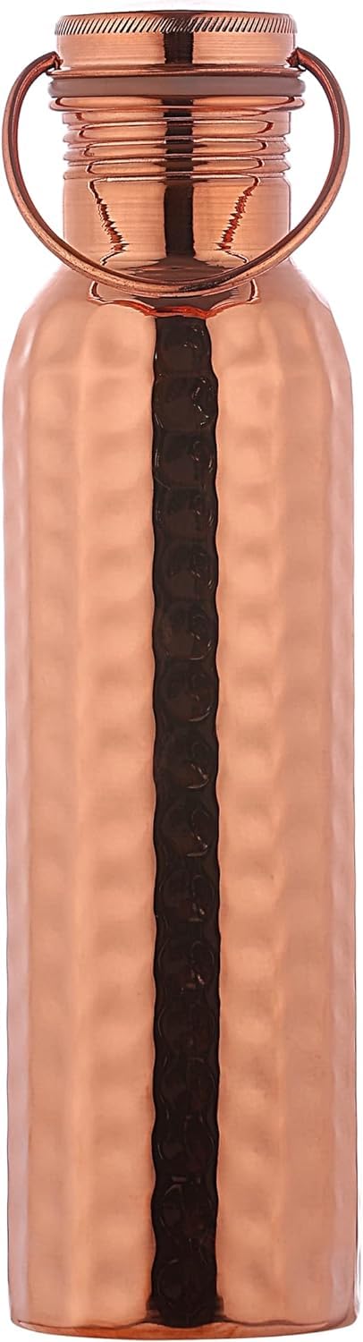 HealthGoodsAU - Pure Copper (99.74%) Hammered Water Bottle with Carrying Handle | Leakproof Seamless Water Bottle for Ayurvedic Benefits 600 Ml (20.28 Fluid Ounce)