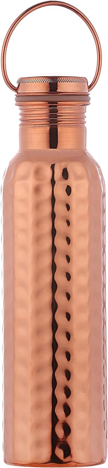 HealthGoodsAU - Pure Copper (99.74%) Hammered Water Bottle with Carrying Handle | Leakproof Seamless Water Bottle for Ayurvedic Benefits 600 Ml (20.28 Fluid Ounce)