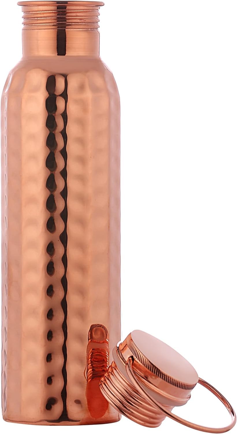 HealthGoodsAU - Pure Copper (99.74%) Hammered Water Bottle with Carrying Handle | Leakproof Seamless Water Bottle for Ayurvedic Benefits 600 Ml (20.28 Fluid Ounce)
