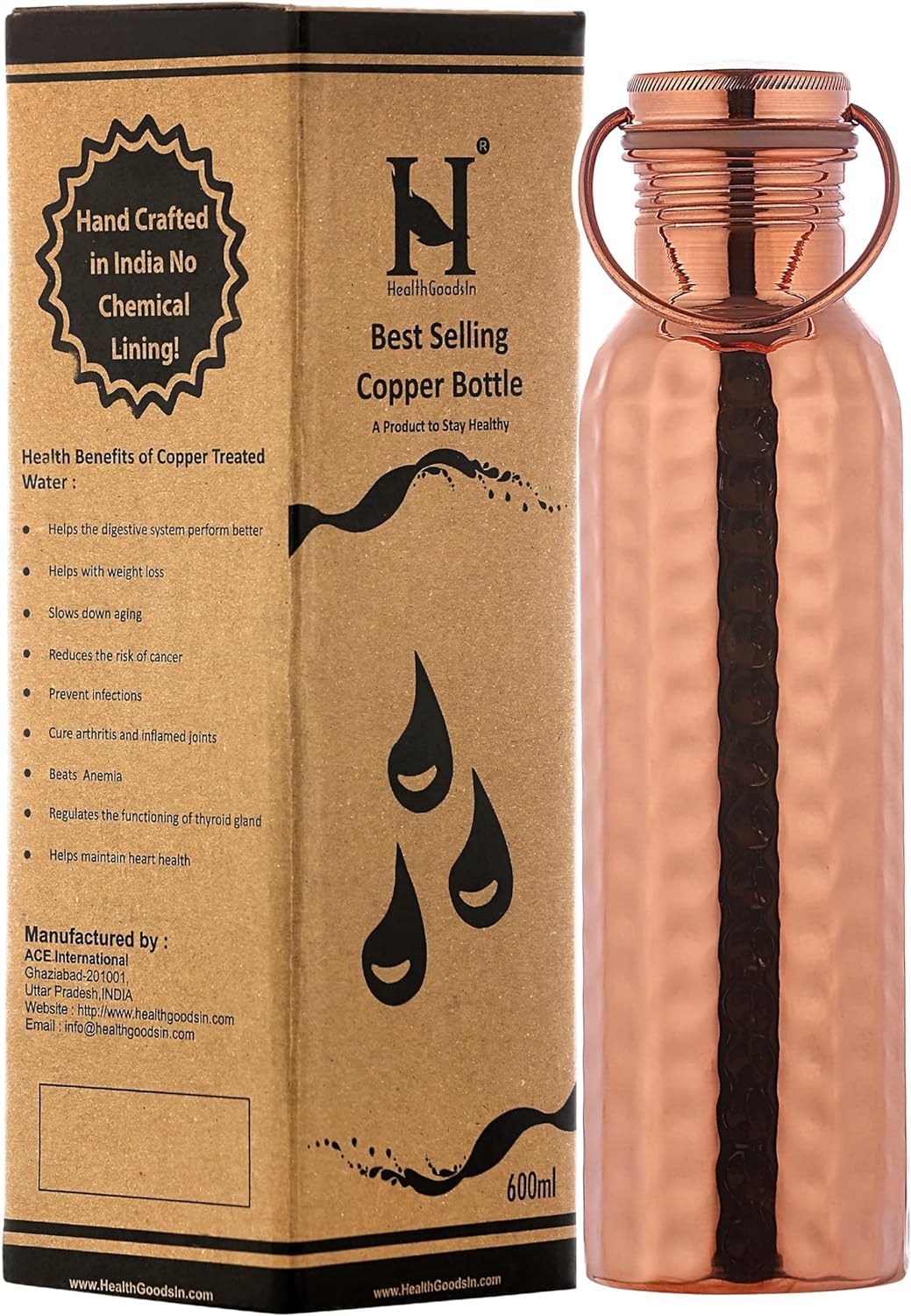 HealthGoodsAU - Pure Copper (99.74%) Hammered Water Bottle with Carrying Handle | Leakproof Seamless Water Bottle for Ayurvedic Benefits 600 Ml (20.28 Fluid Ounce)