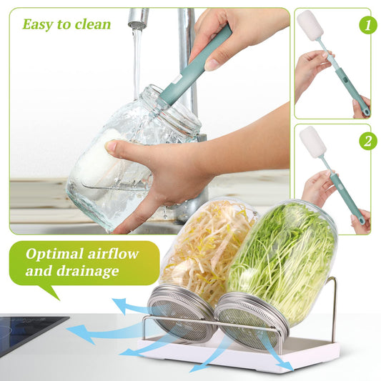 Sprouting Jar Kit 2Pcs Large Wide Mouth Mason Jars with Stainless Steel Screen Sprout Lid,Sprouting Jar Stand,Tray,Blackout Sleeves,Brush-Seed Sprouting Kit for Growing Mung beans,Broccoli and So On