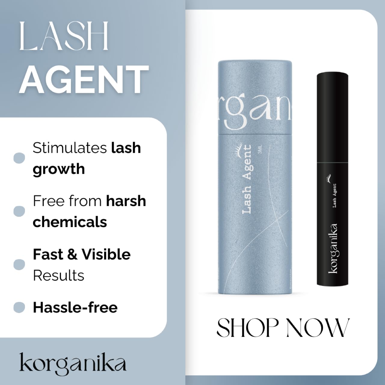 Korganika Lash Agent eyelash growth serum ALL-NATURAL ingredients PEPTIDE TECHNOLOGY