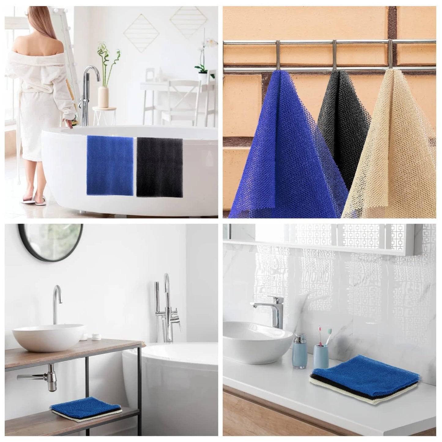 UJFQBH 3 Pieces African Bath Sponge African Net Long Net Bath Sponge Exfoliating Shower Body Scrubber Back Scrubber Skin Smoother,Great for Daily Use(Blue,Black,Off-White)